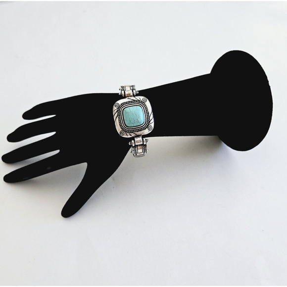 Faux Turquoise Chunky Bracelet Blue Silvertone Southwestern Aztec Boho Geometric - Picture 4 of 8